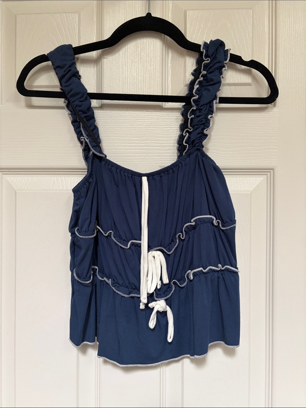 Lulu's Navy Blue Ruffle Tank Top with White Drawstrings